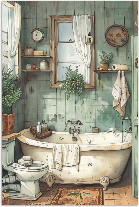 Een illustratie van een vintage badkamer met een ligbad, toilet, planten en een raam met witte gordijnen.
