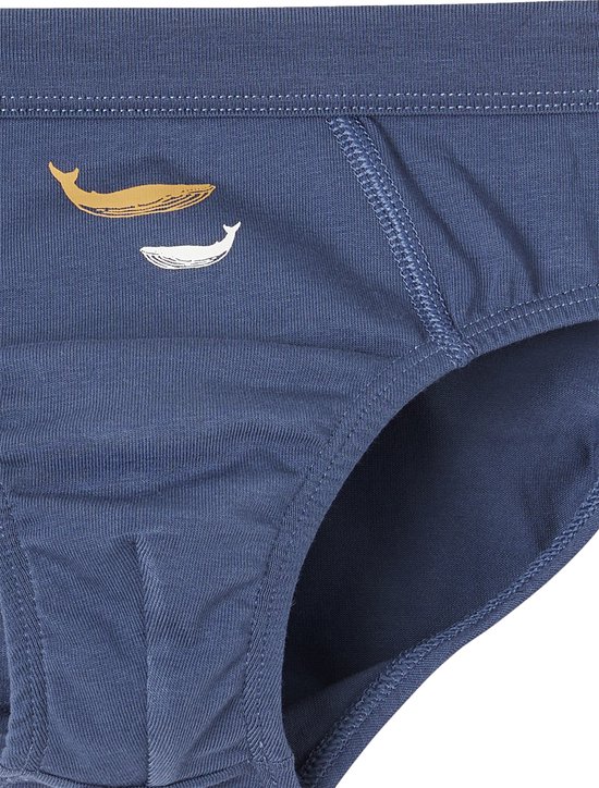 Donkerblauwe slips met afbeelding van een gele en een witte walvis.