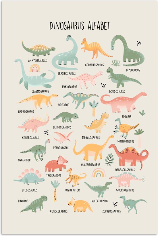 Poster 60x90 cm - Dinosaurus alfabet - Leren voor kinderen - Dino's - Educatief - Posters - Kamer decoratie accessoires - Wanddecoratie kinderkamer - Muurdecoratie babykamer