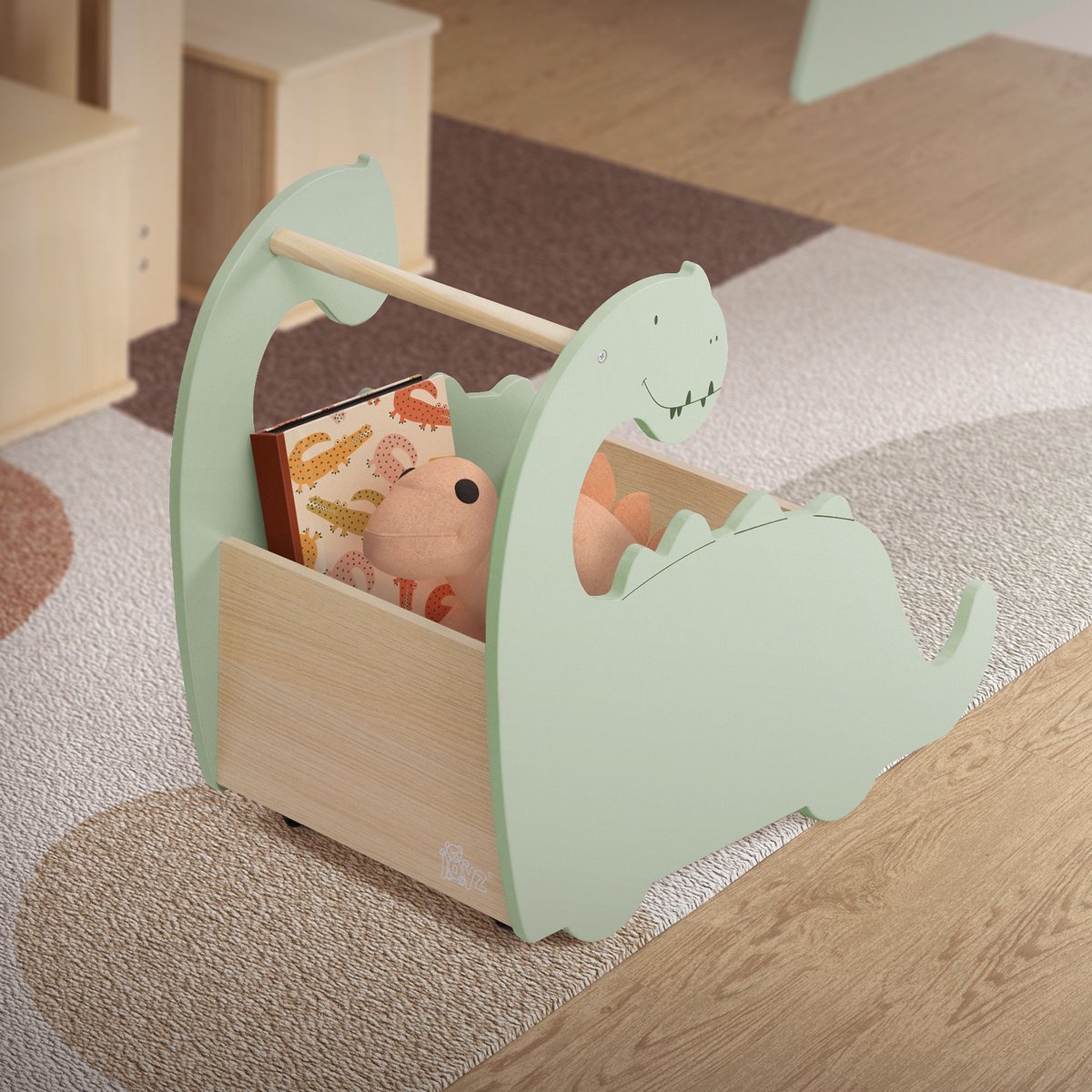Speelgoedkist voor kinderen met dinosaurusmotief, beige/groen, op houten wieltjes Joyz