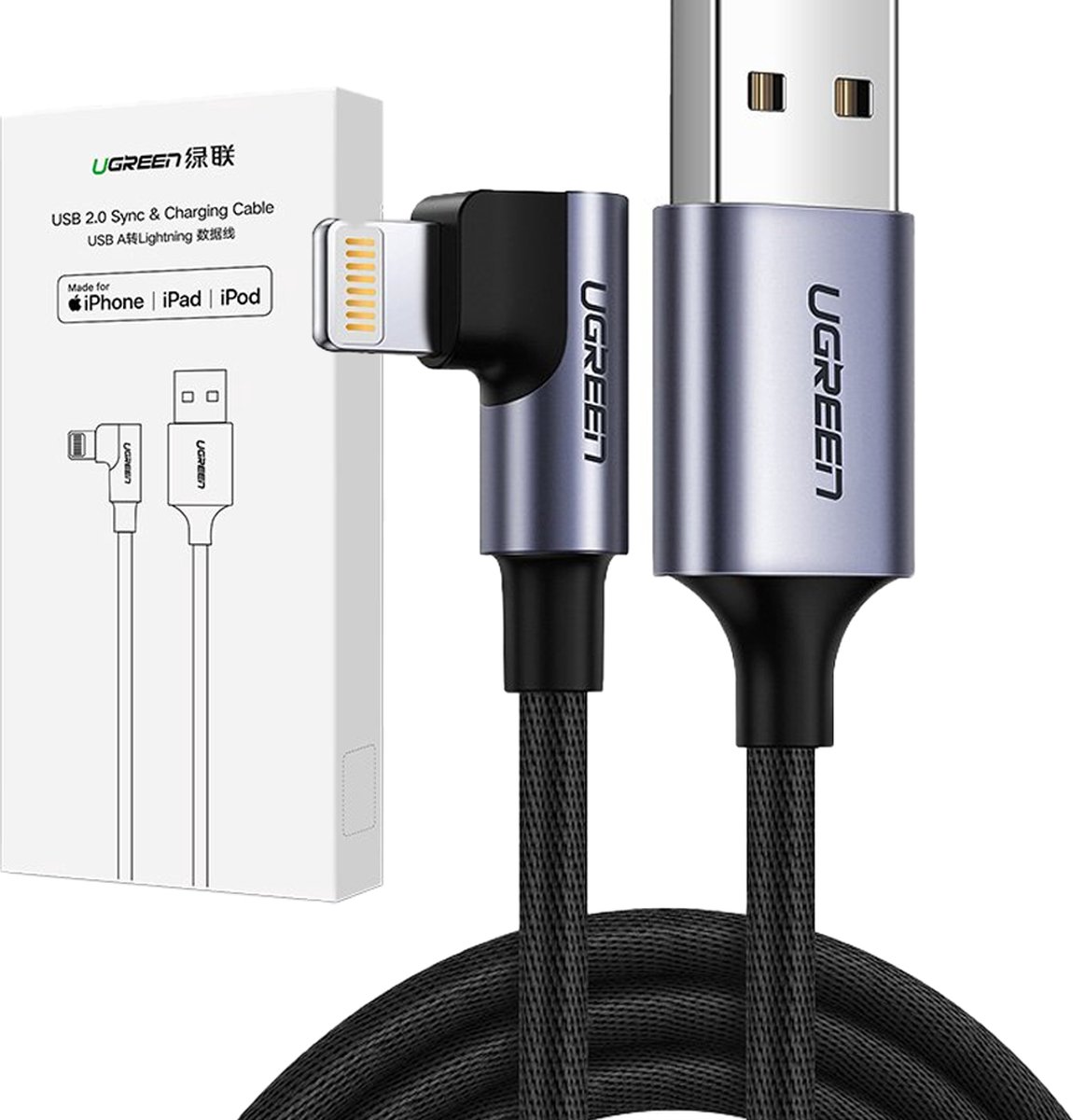 Ugreen - haakse - USB - Lightning MFI kabel 1m 2,4A zwart - (60521)
