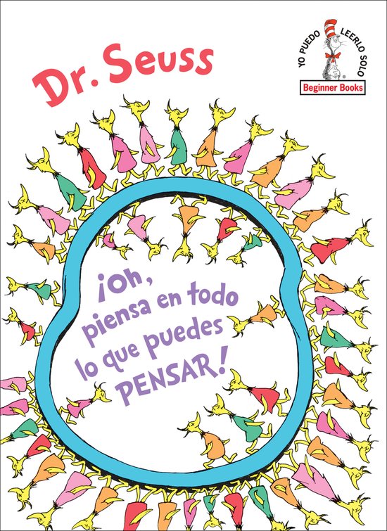 Livre 'Dr. Seuss : Oh, les choses que vous pouvez penser !' avec des personnages joyeux et multicolores de Dr. Seuss autour du titre et d'un cercle de texte.