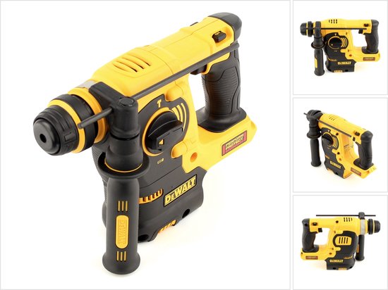 Gele DeWalt boorhamer met zwarte handgrepen en details. Extra zijhandgreep. Meerdere aanzichten.