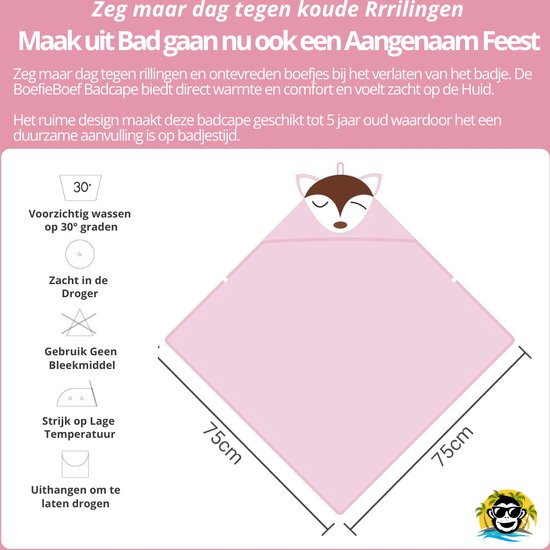 BoefieBoef Vos Baby Badcape - Eco Bamboe Katoen Kinder Handdoek - Badponcho - Peuter Badjas - Kleuter Strandlaken - 0 tot 5 jaar - Dieren 75x75 - Roze - Jongens en Meisjes - Badstof - Perfect Kerst- en Kraamcadeau - omslagdoek van BoefieBoef — afbeelding 2