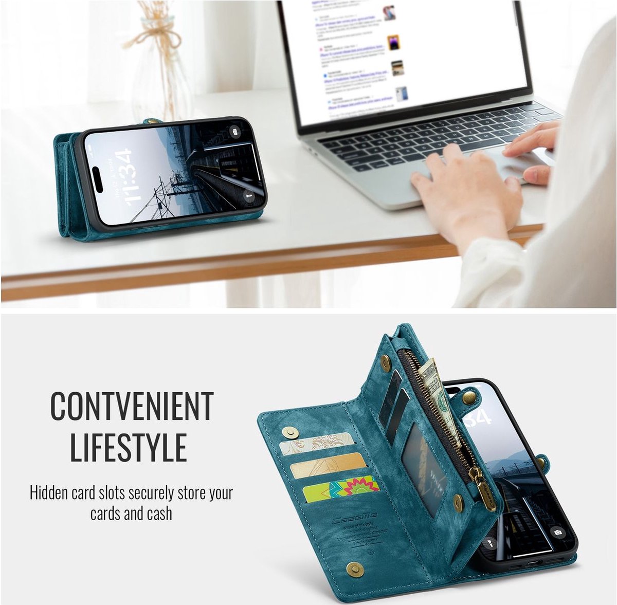 Caseme Telefoonhoesje geschikt voor Apple iPhone 16 Pro Hoesje | Caseme 008 Uitneembare 2in1 Bookcase Portemonnee | Pasjeshouder voor 8 Pasjes | Telefoonhoesje voor Pinpas / OV Kaart / Rijbewijs - Blauw