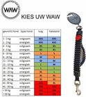 Zwarte schokdemper riem met WAW logo, oranje accent en tabel.