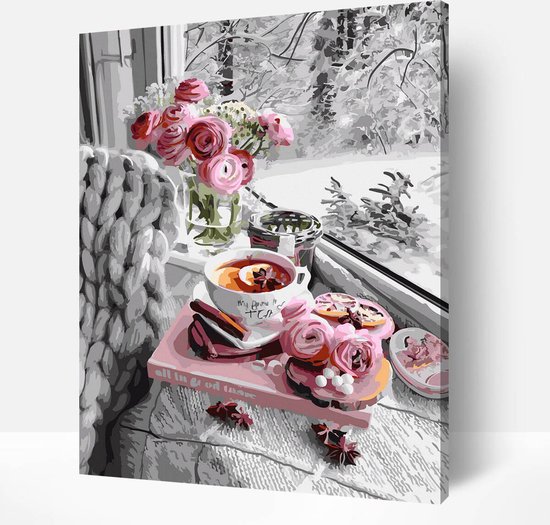 Schilderen Op Nummer Volwassenen DIY Paint By Number Compleet Hobby Pakket op Frame met Vernis - ®Arty Bee - Winter Thee 40x50cm