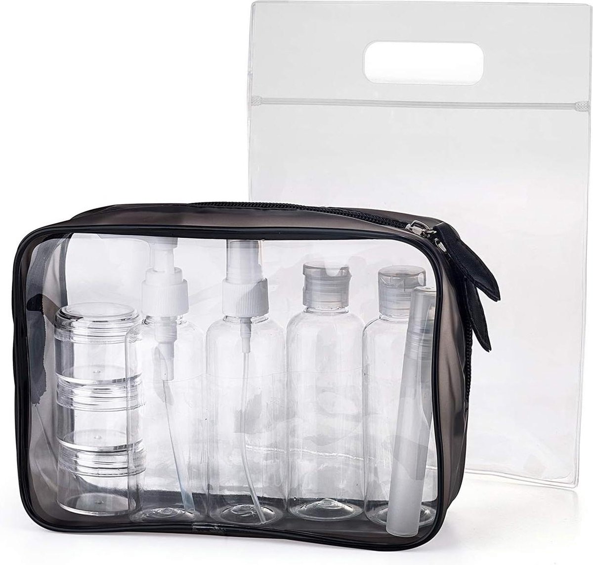 Transparante PVC-toilettas waterdichte make-uptas 8 reisflessen zwart blauw vliegtuigtransportvloeistof reisflesjes handbagage