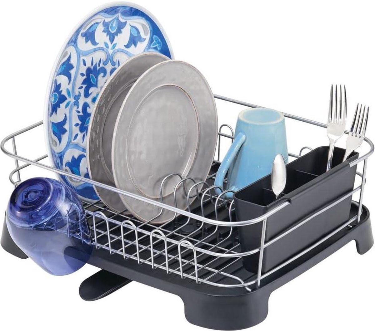 Goedkoopste Afdruiprek met lekbak- draaibare uitloop voor bestek- glaswerk en servies - zilver- zwart met opbergrek