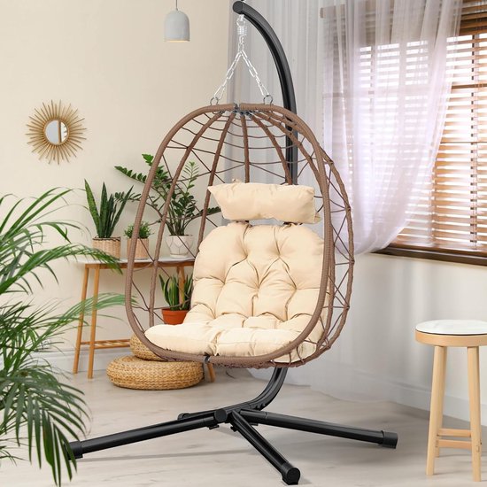 Taifuan Patio Hangstoel Hangmat Schommel Eierstoel met Stand Stand Rotan Opknoping Eierstoel Binnen/Buiten Hangstoel voor Patio Slaapkamer Balkon (Formaat 120x105cm Kleur blauw