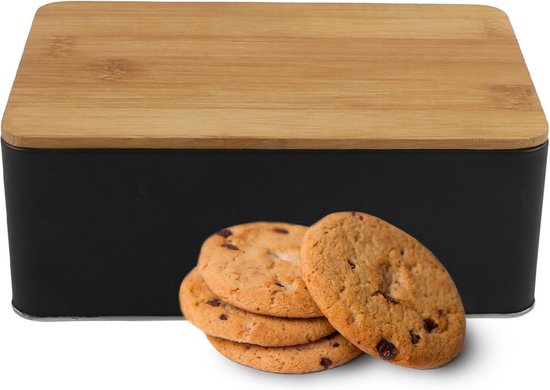 Koektrommel Ventura - zwart met bamboe deksel - 1700 ml - 19 x 13 x 7 cm - metaal - Koekblik