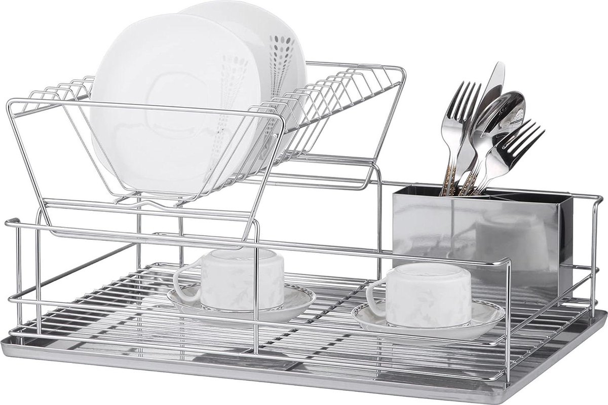 Afdruiprek met Druppelbak en Bestekhouder - RVS - 2 Tier Steel