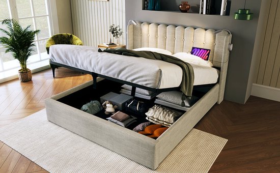 Merax Lit Double Rembourré 160x200 cm Comprenant Matras Mousse Froide 7 Zone - Lit avec Lampe de Lecture et Fonction Recharge de Téléphone - Espace de Rangement Hydraulique - Beige