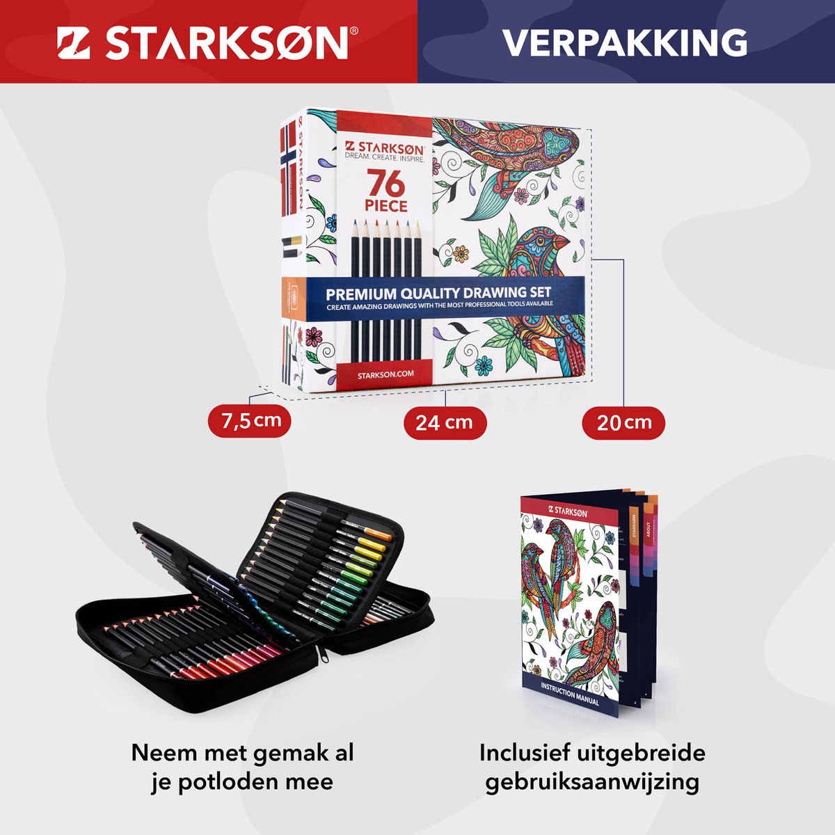STARKSØN 76-Delige Kleurpotloden Teken set - Schets & Teken Potloden - Incl. Schetsboek, Puntenslijper & Gum - Tekendoos Voor Volwassenen & Kinderen — afbeelding 6