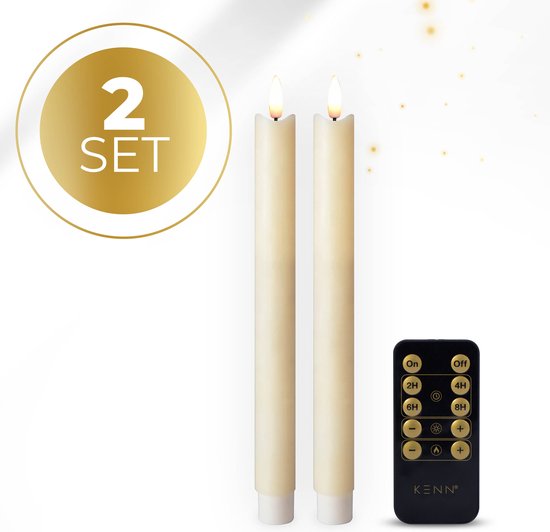 KENN® 3D LED Dinerkaarsen - Ivoor - 2 Stuks - Met Afstandsbediening - Realistische Uitstraling - Veilig & Duurzaam - Wax Kaarsen - Kerstverlichting - Waxinelichtjes - LED Dinerkaars - Wax LED Kaarsen