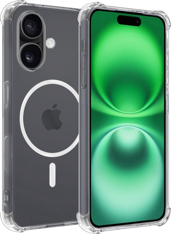 Deux coques sur fond blanc : une coque transparente avec cercle MagSafe sur un iPhone et une deuxième coque à côté.
