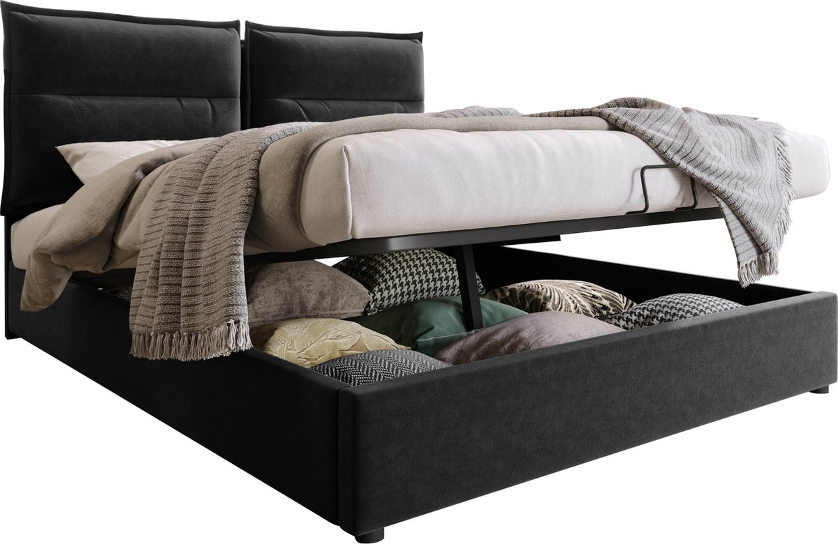 Merax Velvet Gestoffeerd Tweepersoonsbed 140x200 cm - Bed met Verstelbaar Hoofdbord en Hydraulische Opbergruimte - Zwart