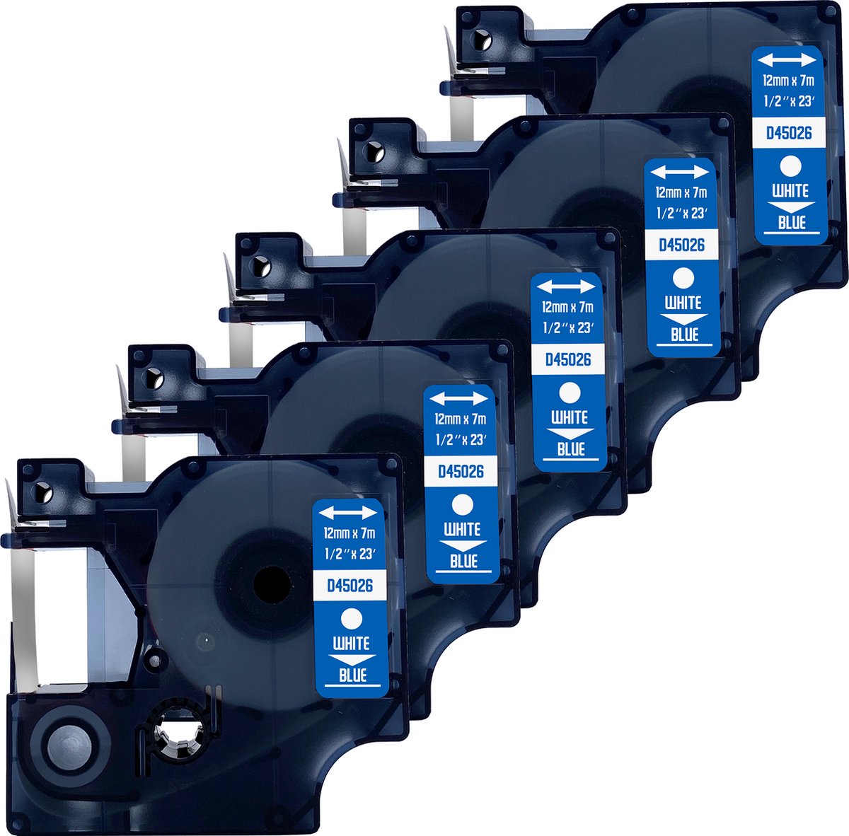DULA Dymo D1 45026 Compatible label tape - 5 lettertapes - Wit op blauw - 12mm x 7m