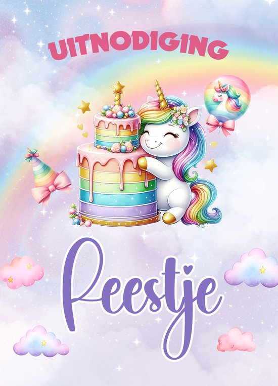 Uitnodigingskaart met regenboog en vrolijke eenhoorn met regenboogtaart.
