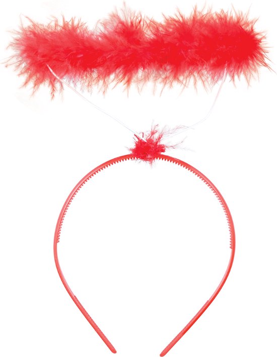 Rode tiara met een halo van rode veren.