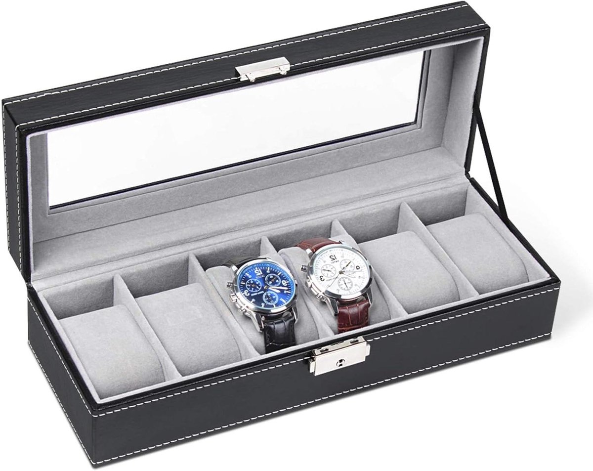 6 Slots Zwarte Horloge Box Organizer voor Mannen - Horloge Houder Stand Display Opbergkoffer