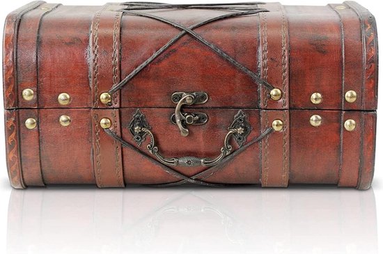 Birendy Kist KD 1288 Koffer, houten kist met edelmanchet leer bekleed, maat L (31cm b x 20cm d x 10cm h