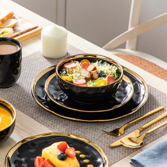Serviesset - 8 Persoons Servies - Keramiek - Diner- en Dessertborden, Kommen en Kopjes - 32-delige Set - Zwart - Goud