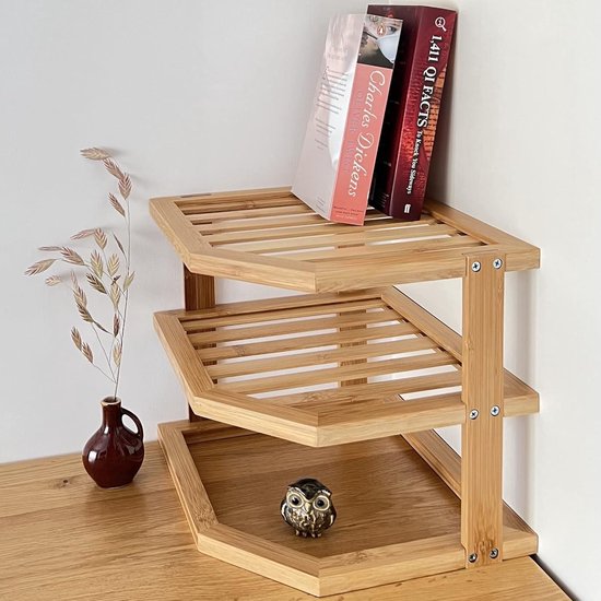 Jolitac 3 Tier Keuken Hoek Plank Desktop Bamboe Rekken Organizer Spice Opslag Rack, Ruimtebesparende Organizer Hoek Boekenplank voor Keuken, Thuis, Kantoor met Haken Grijs