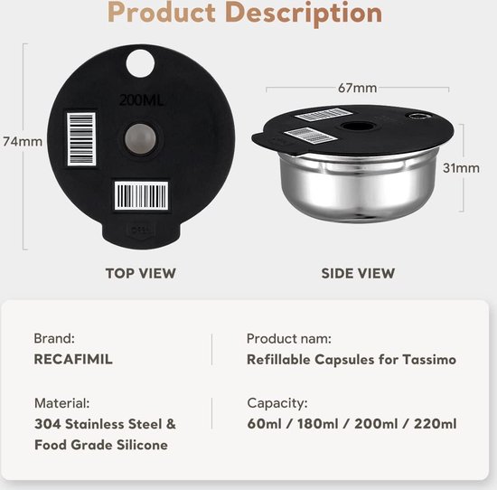 Dosettes Café Réutilisables RECAFIMIL Pour Machine Bosch Tassimo - 220 Ml, Acier Inoxydable Avec Couvercle Silicone - Écologique Et économique