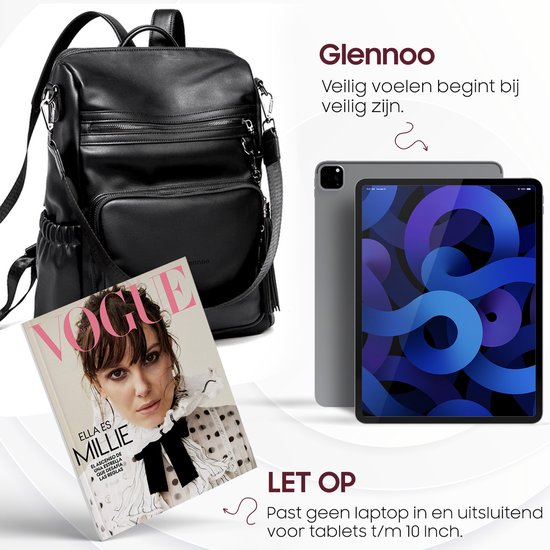 Zwarte Glennoo rugzak met tijdschrift 'Vogue' en een tablet van 10 inch.