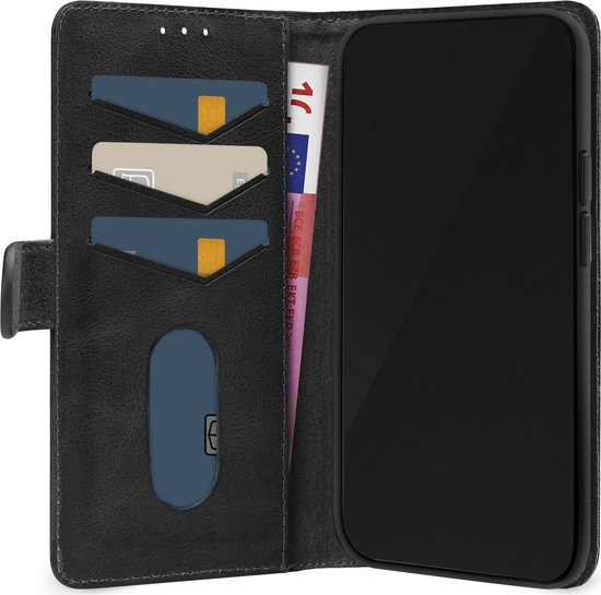 Foto: Mobilize telefoonhoesje geschikt voor apple iphone 16 pro max hoesje echt leer mobilize wallet bookcase portemonnee pasjeshouder voor 3 pasjes telefoonhoesje voor pinpas ov kaart rijbewijs zwart