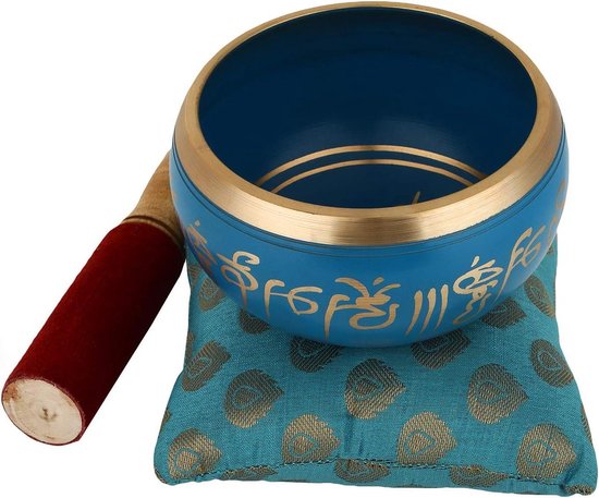 Kleine klankschaal, set van klankschalen, Tibetaanse klankschaal, zingende schaal, handgemaakt in Nepal voor meditatie accessoires, mini klankschaal met ringkussen en houten klos (8 cm