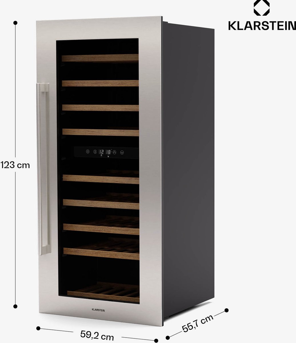 Klarstein Wijnkoeler Vinsider Duo Wijnkoelkast - 79 Flessen - 2 Koelzones - UV-Bescherming - 9 Schappen - Touch - Wijnklimaatkast - Roestvrij Staal - 204L - voor Wijnliefhebber voor Bar - Houten Schappen Compressor Inbouw - Zwart