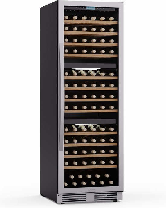 Klarstein Wijnkoeler Vinovilla Trio – 144 flessen, 3 zones, 5–20 °C, LED-verlichting, UV-bescherming, vrijstaand, klimaatkast voor wijn - Wijnkoelkast - 143 Flessen - voor Wijnliefhebber voor Bar - Touch Stil Houten Schappen Compressor - Wit