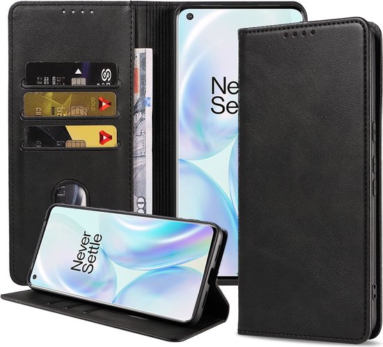 Smartphonica Étui pour OnePlus 8, Étui en Simili Cuir avec Fermeture Magnétique et Porte-cartes Book Case avec Couverture - Zwart pour OnePlus 8