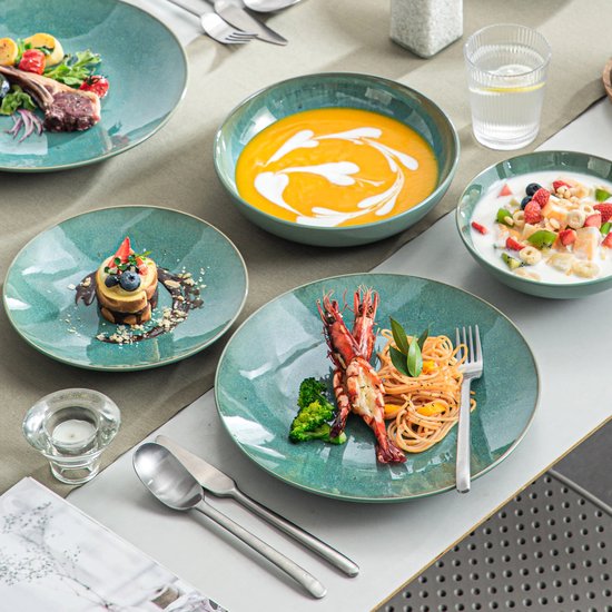 Service de table de luxe LBB - 32 pièces - 8 personnes - Porcelaine - Service d'assiettes - Assiettes plates - Assiettes à dessert - Bols - Set - Vert
