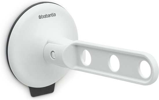 Een witte, inklapbare kledinghaak met drie ronde openingen en een zuignap, op een witte achtergrond.