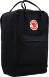 Zwarte Fjällräven Kånken rugzak met rond logo en voorvak met rits.