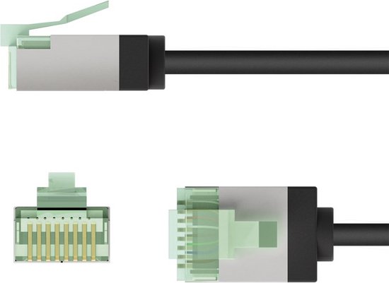Câble réseau noir, connecteur avec boîtier gris et clip vert, vue de côté.