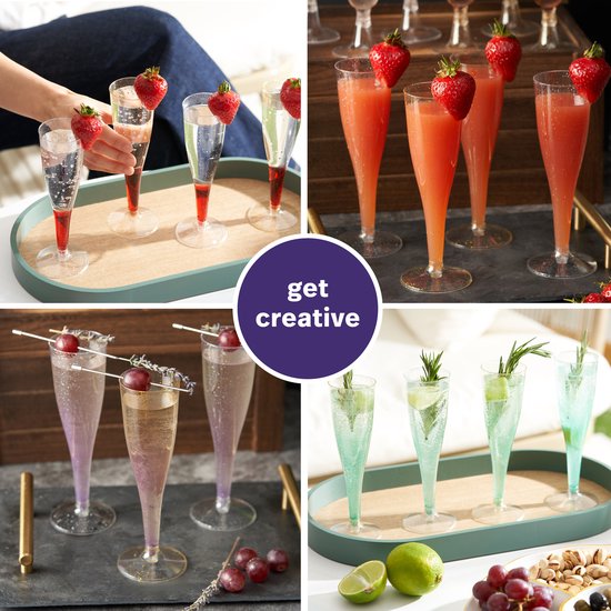 Collage van vier foto's met flûtes, creatief gegarneerd met fruit en kruiden.