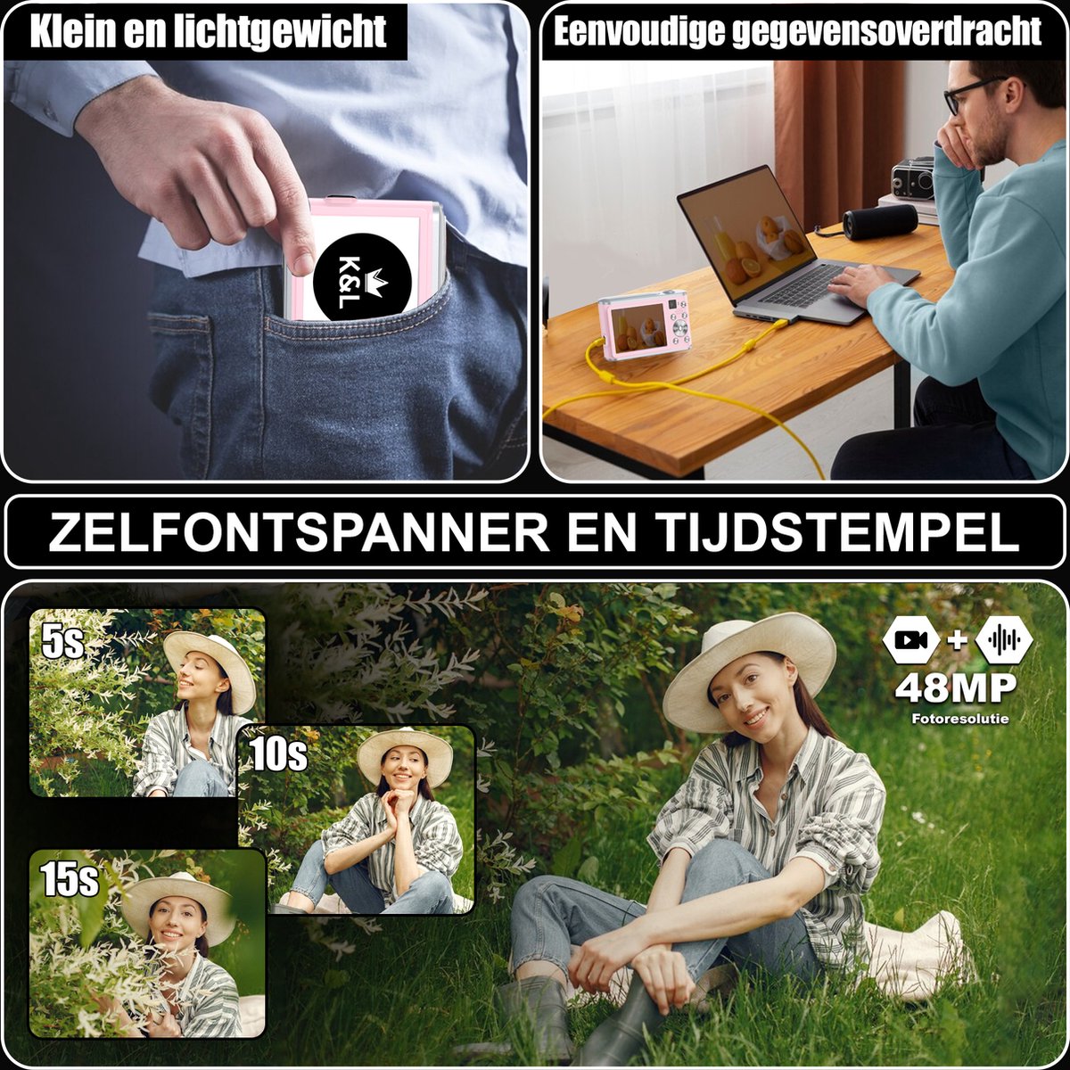 K&L Digitale Camera 4K Compact - Roze - incl. 64GB SD thumbnail 6