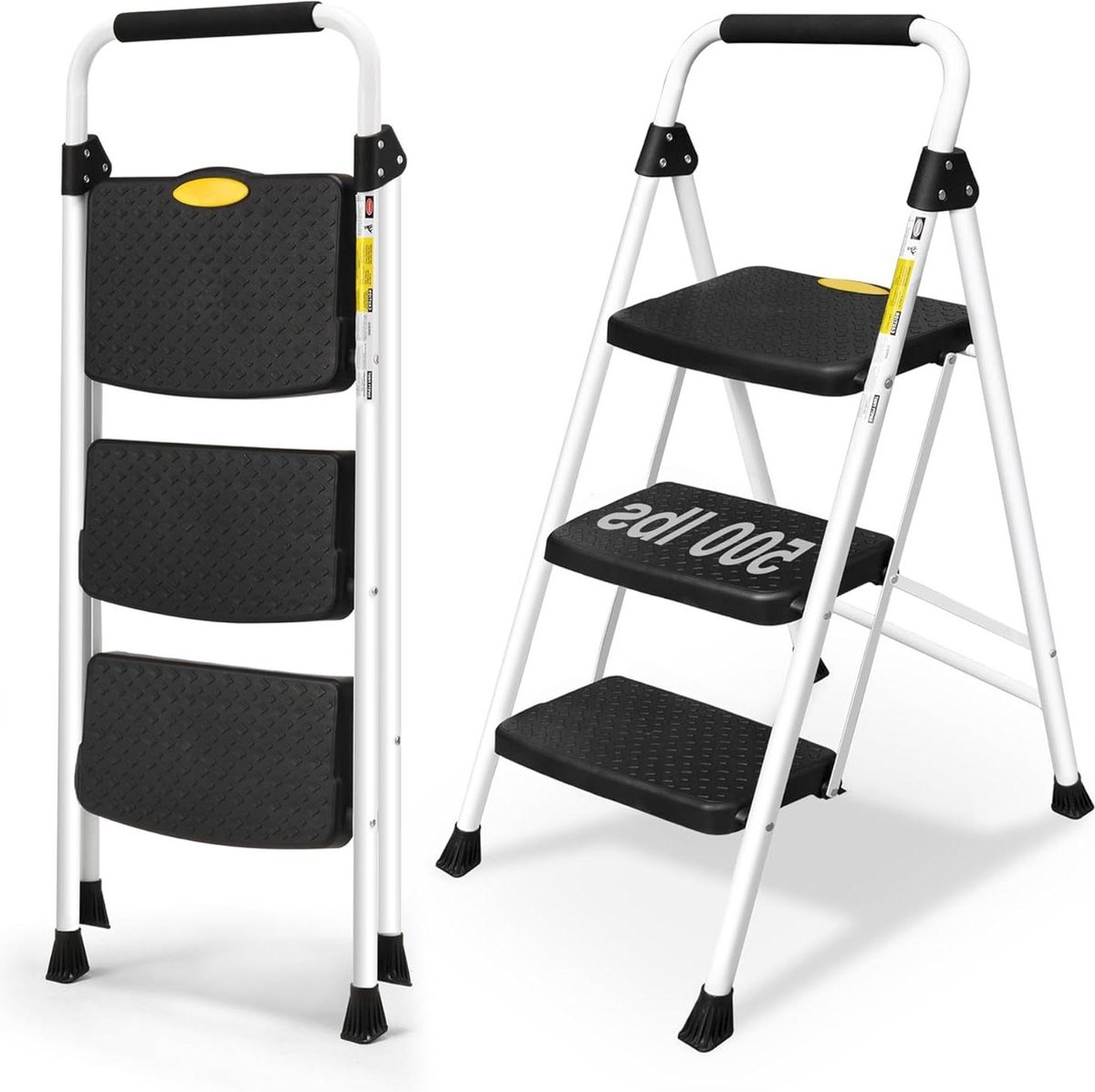Huishoudtrap 3 treden vouwtreden breed anti-slip pedaal stabiele handgreep draagbaar wit