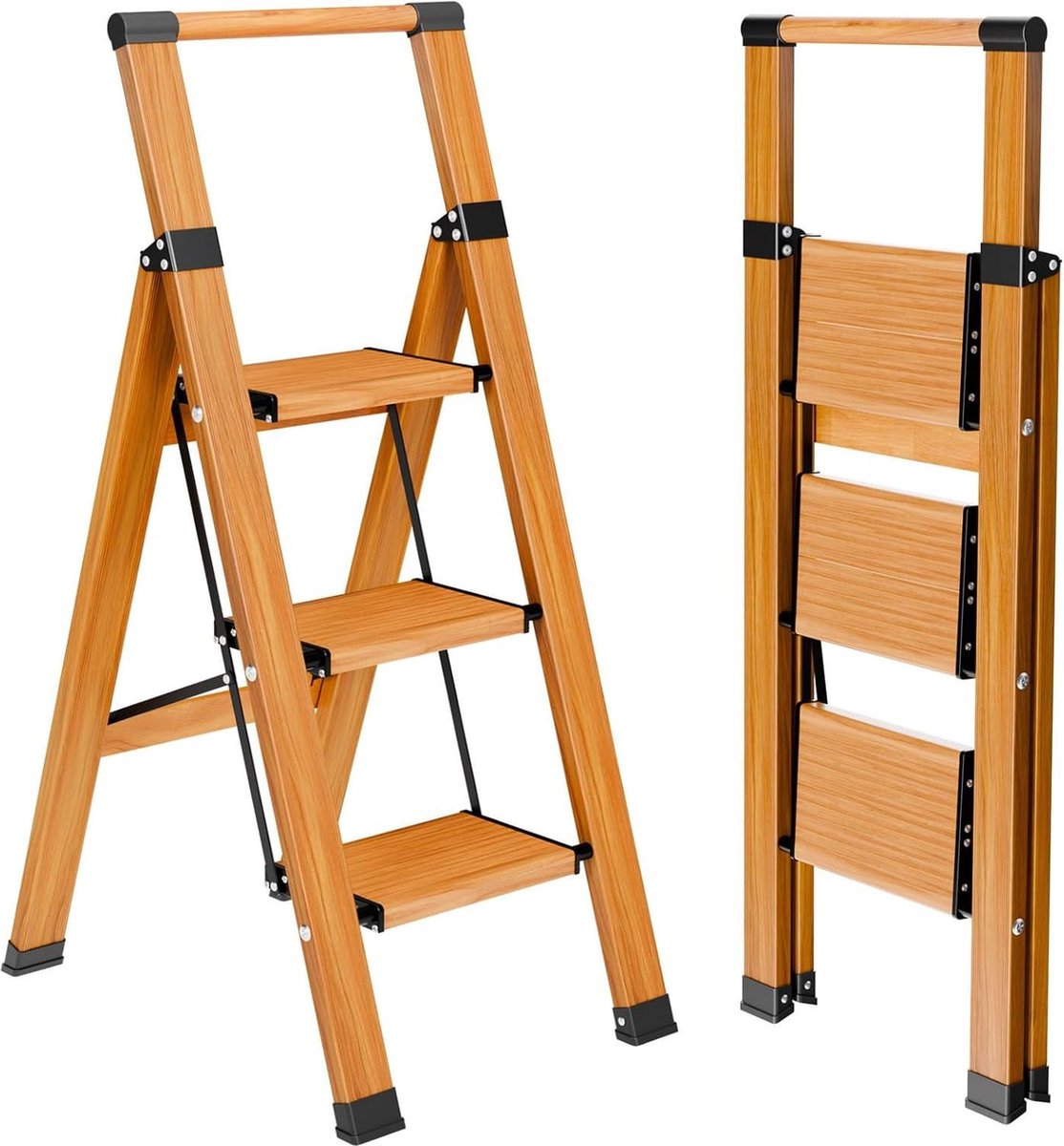 Huishoudtrap 3 treden inklapbaar aluminium vouwladder antislip ladder met leuning draagbaar tot 150 kg moderne houtlook