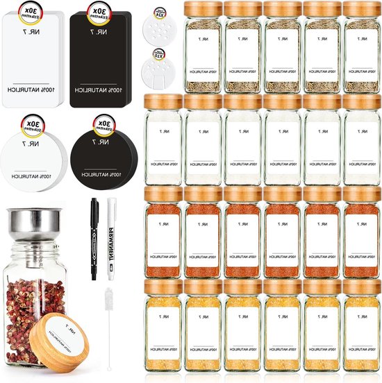 KIVY Kruidenpotten met shaker-inzetstuk [24 x 120 ml] 240 waterdichte etiketten, luchtdichte kruidenpotjes, zwart, kruidenshaker, glazen sticker, kruidenpotjes, zwarte deksel