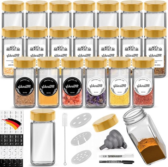 KIVY Kruidenpotjes, vierkant, met strooiinzetstuk, 24 x 120 ml, glazen kruidenstrooier met etiketten, set kruidenpotjes, kruidenopslag, glazen voor specerijen (roestvrij staal