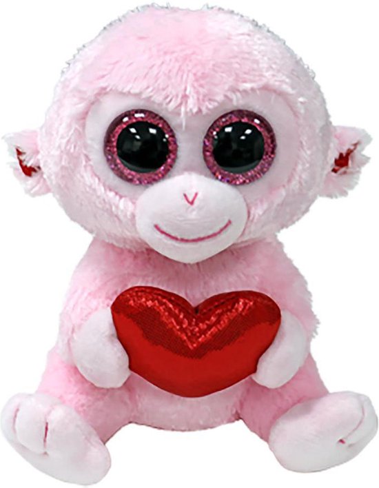 Roze Beanie Boos aapje met grote, glinsterende ogen en een rood hart.