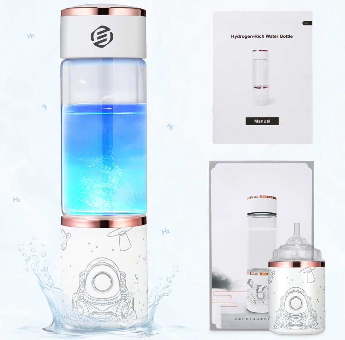 Equivera Hydrogen Waterfles - Hydrogen Generator - Hydrogeen Water - H2 + Hydrogeen - Draagbare Drinkfles - Gezondheid - Incl. E-Book