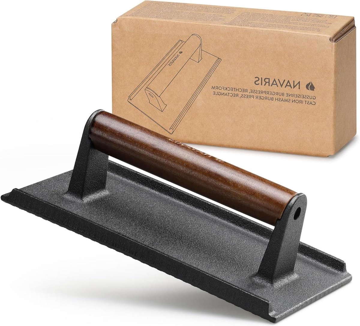 Navaris gietijzeren hamburger burger press Rechthoekig geribbelde onderkant Snellere kooktijd 10 kg Zwart donkerbruin handvat the best burgers home-made BBQ camping Hamburgerpers met handvat voor perfecte hamburgers. smash burger