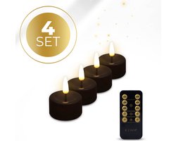 KENN® LED Waxinelichtjes – Set van 4 – Zwart – Echte Wax – Met Afstandsbediening & Timer – Tot 300 Branduren – Inclusief Batterijen – LED Theelichtjes – Kaarsen op Batterij – Realistisch Flikkerende Vlam - Nep Waxinelichtjes