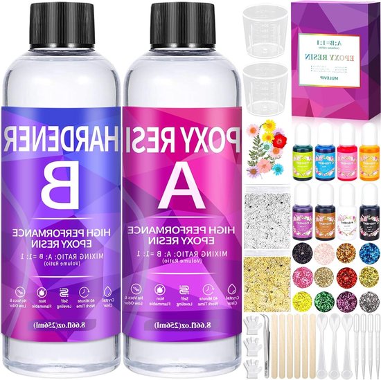 Epoxyharsset voor beginners, 2,2 liter / 2,45 kg, kristalhelder epoxyhars, giethars, met alcoholinkt, metallic alcoholinkt, harsverf, micapoeder, glitter, goudfolie, gietaccessoires voor doe-het-zelf harsknutselen, sieraden maken Epoxyharsset voor beginners, 2,2 liter / 2,45 kg, kristalhelder epoxyhars, giethars, met alcoholinkt, metallic alcoholinkt, harsverf, micapoeder, glitter, goudfolie, gietaccessoires voor doe-het-zelf harsknutselen, sieraden maken
